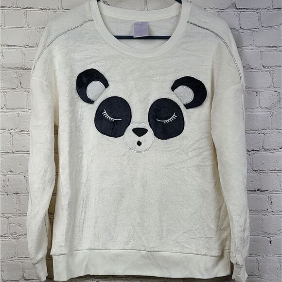 Faux Fur Plush White Sweatshirt M 8/10 Panda Bear Embroidered Fleece Sleep Shirt - Picture 9 of 9